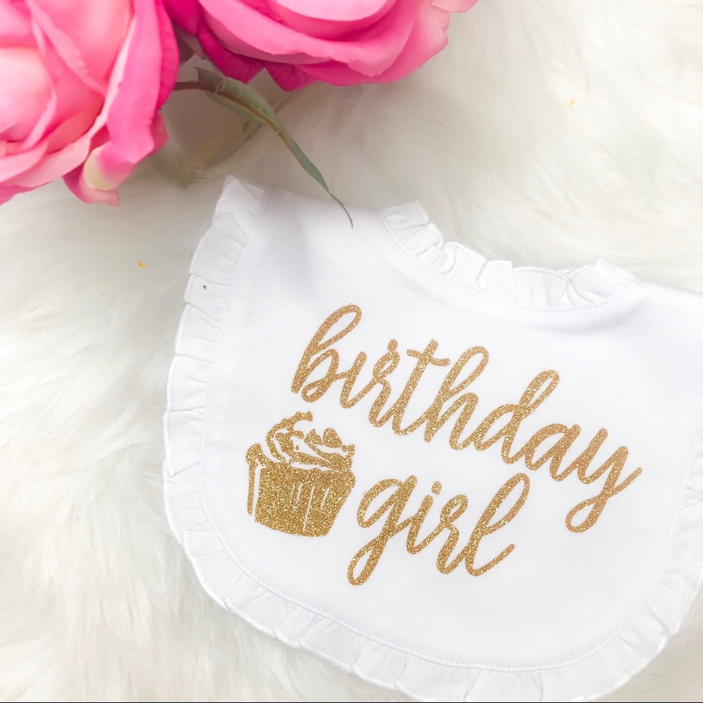 Baby Girl First Birthday Ruffled Bib Gold/White